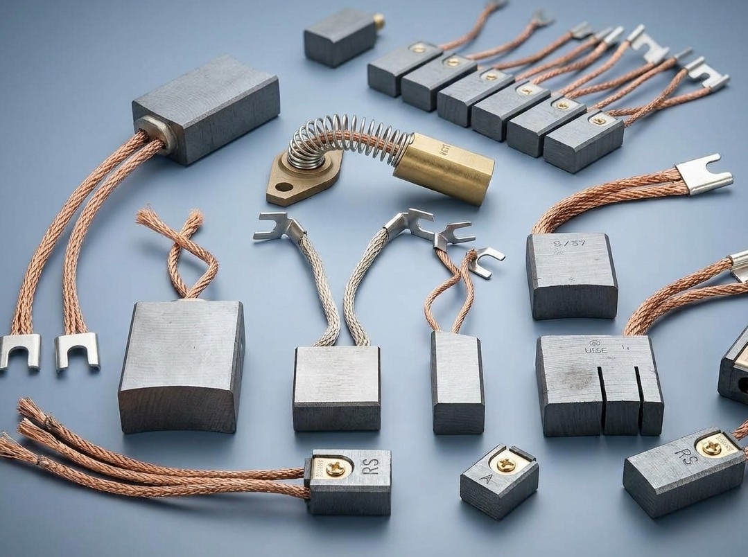 Electrical carbon brushes and braided copper lead assemblies