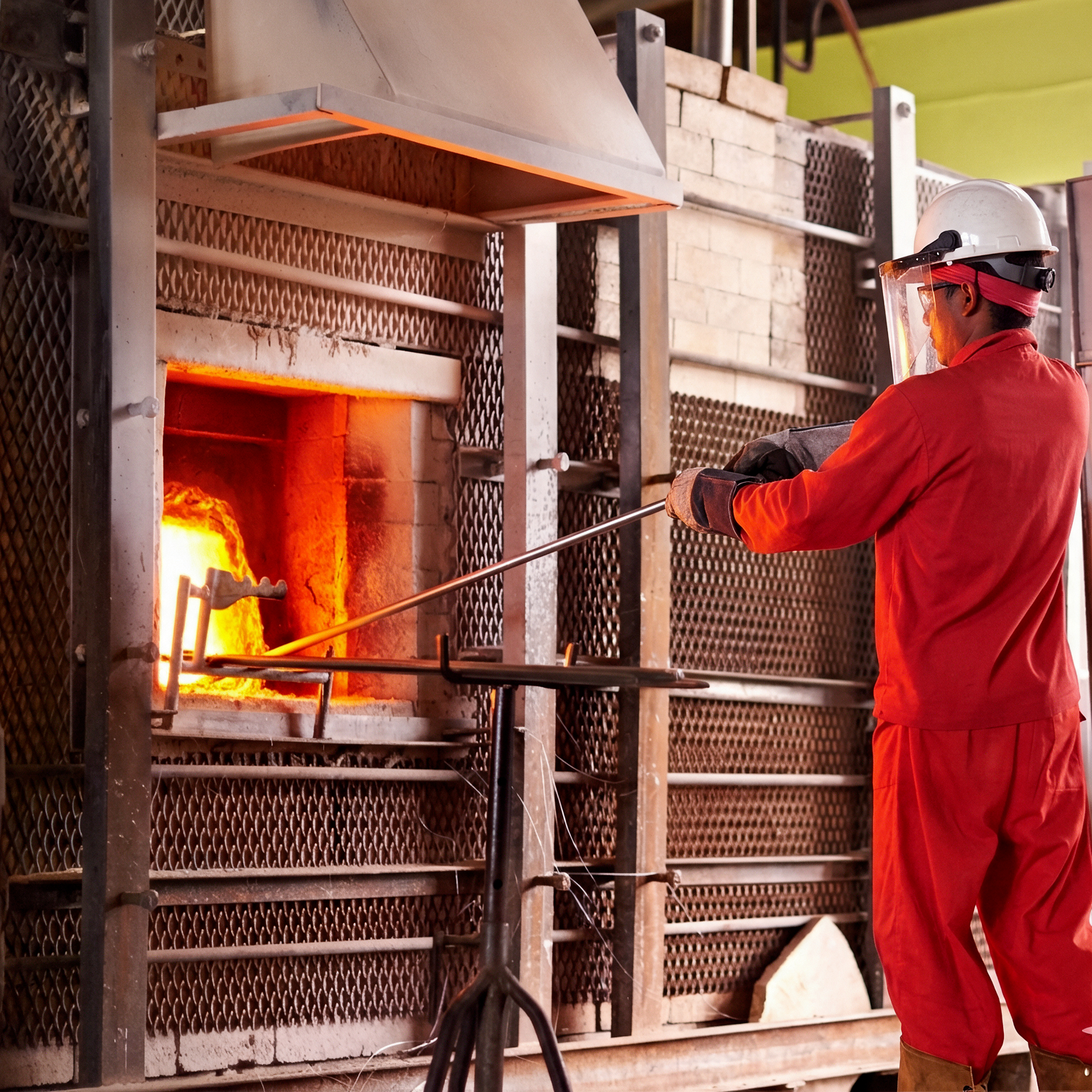 Industrial worker operating a high-temperature furnace