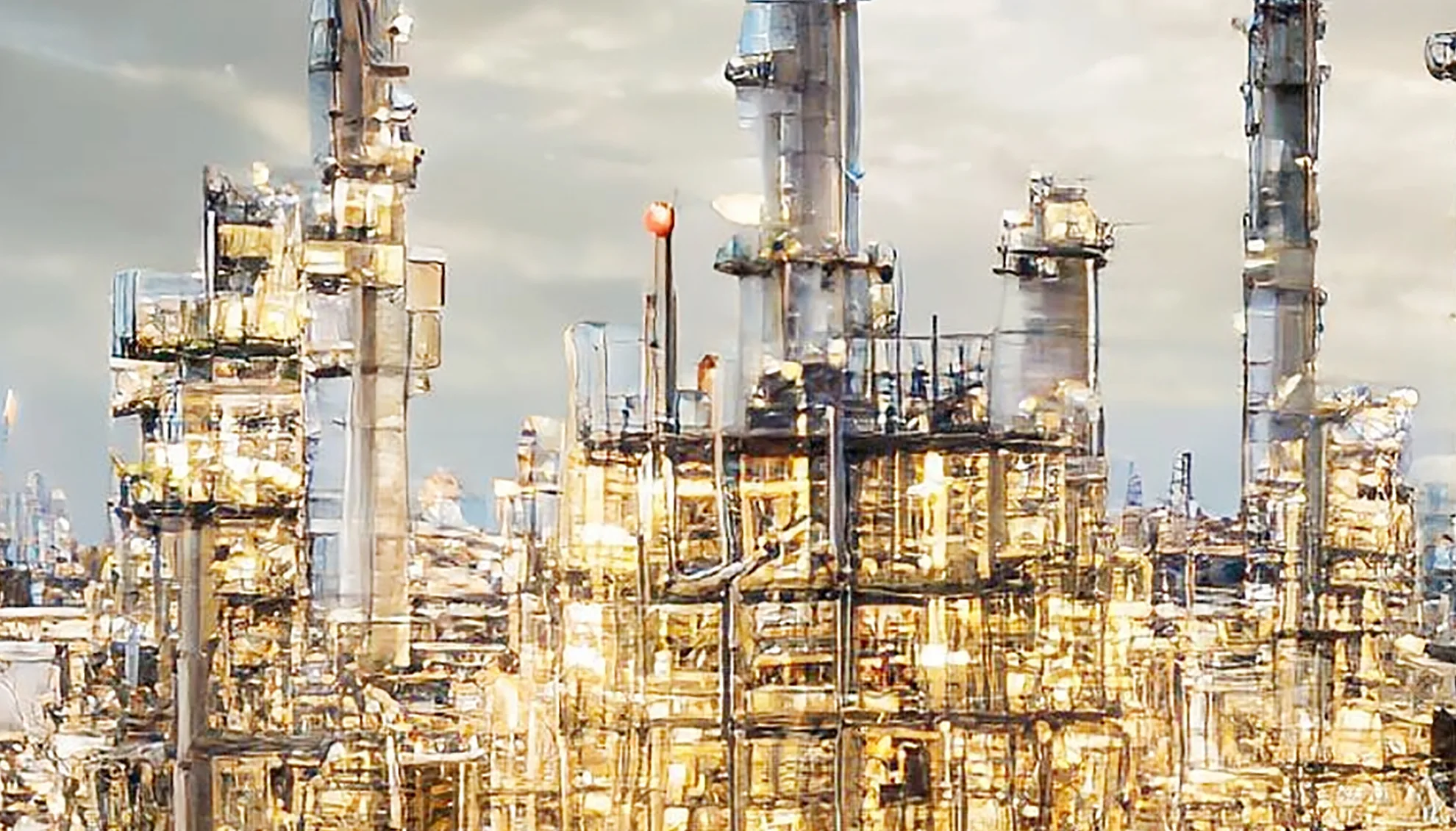 Petrochemical refinery with processing towers and storage tanks