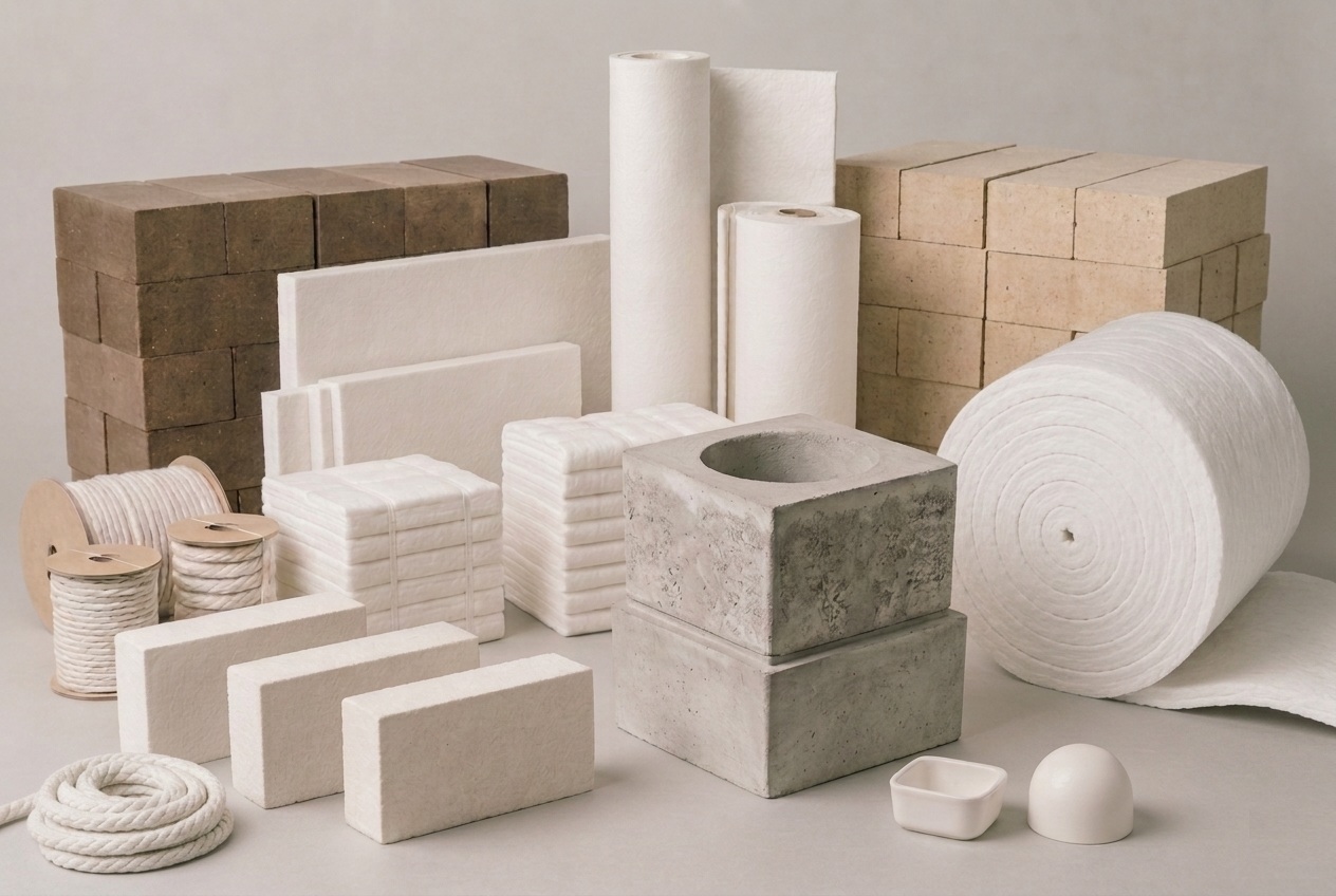 Refractory insulation materials, bricks, boards, blankets and rope