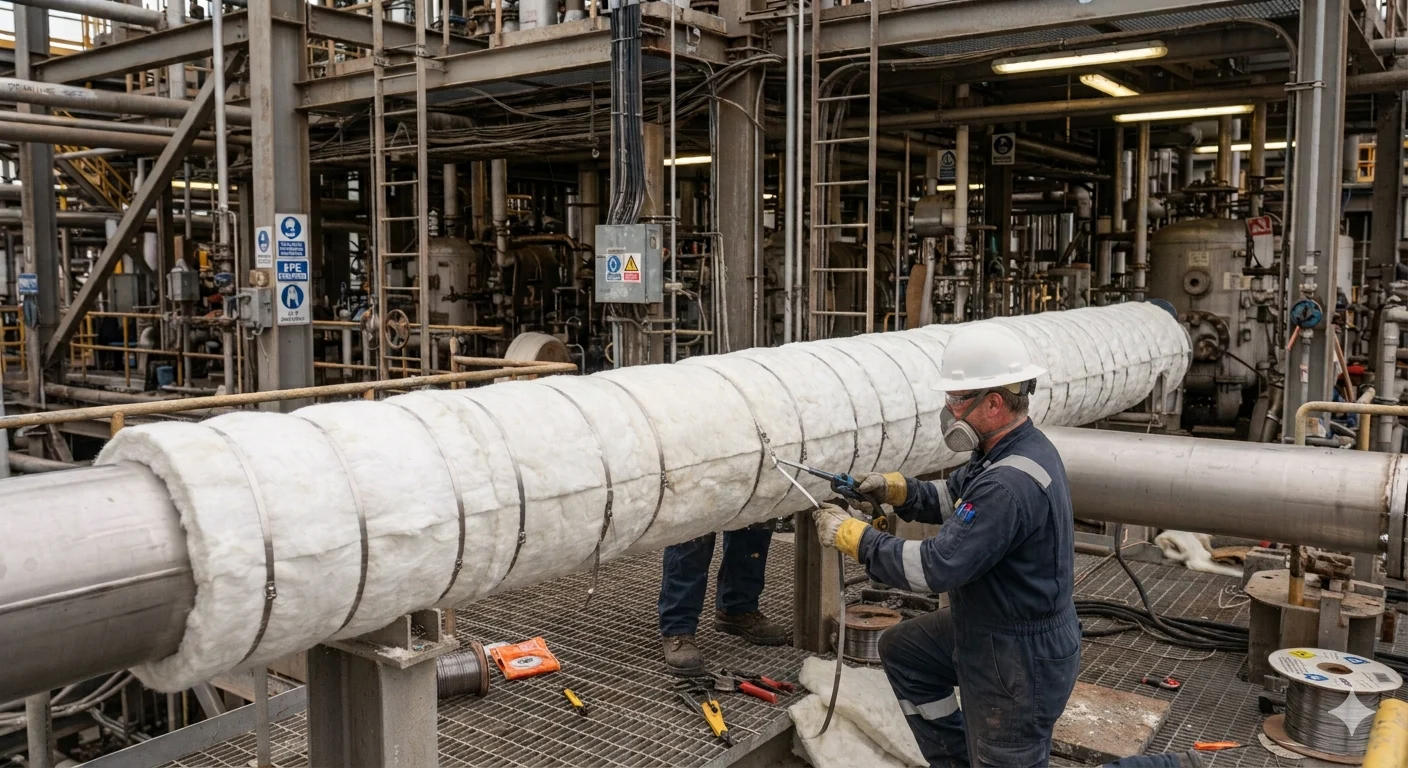 Industrial pipe being fitted with thermal insulation lagging